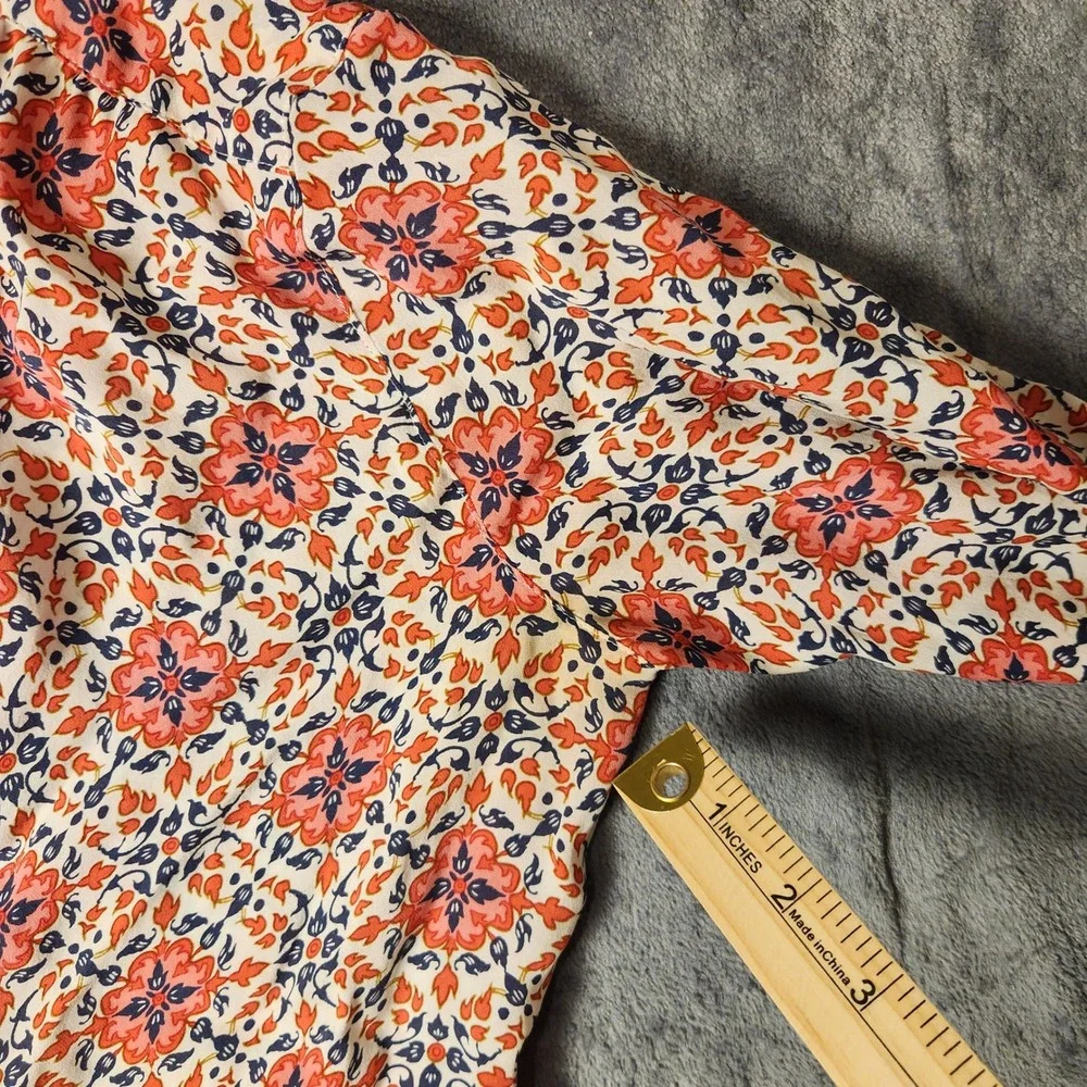 J.Crew Women Floral Medallion V-Neck Blouse Red Navy Orange Long Sleeve Size 4